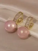 1 Pair Elegant & Exquisite Pink Faux Pearl Hollow Out And Inlaid Rhinestone Female Hoop Earrings - Image 2