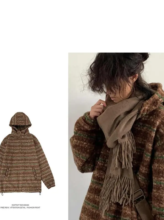 

Retro Striped Woolen Jaet Men's Loose Fit f Zip Hooded Coat Casual Versatile Outerwear for Youth Autumn Season