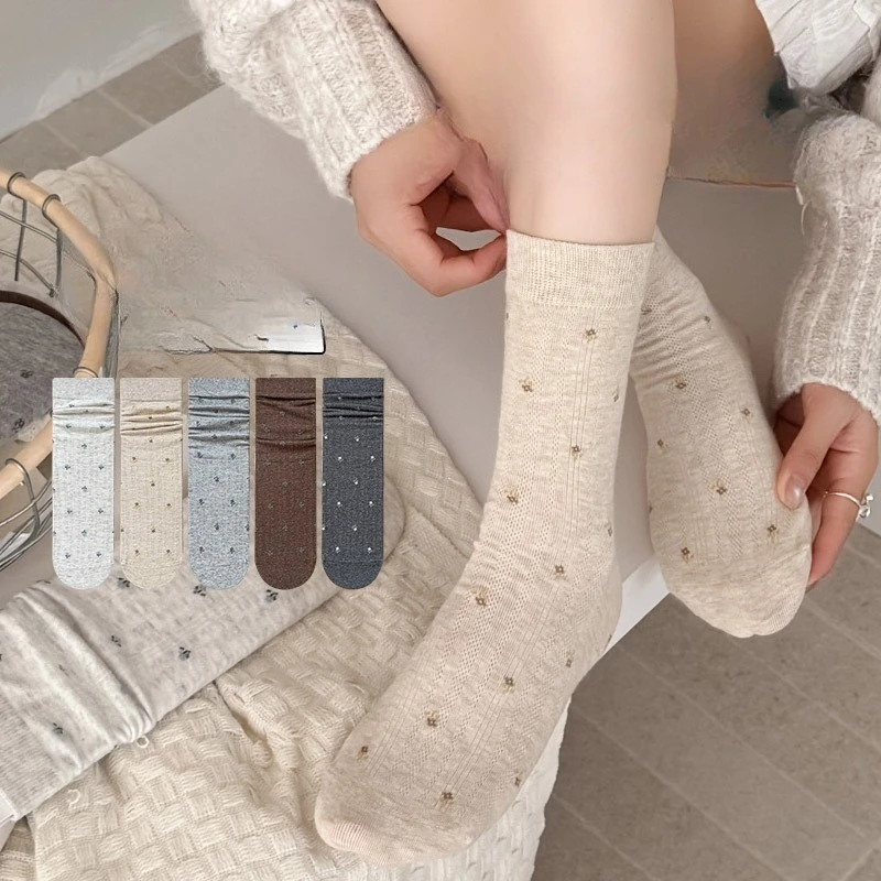 

5 пар новых женских носков, осенние модные носки в стиле ретро с цветочным принтом, женские дышащие хлопковые повседневные носки в горошек, длинные носки на каждый день