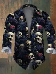 Vintage Men's Dark Skull Prints Long Sleeve Shirts-Rose Skull Prints Black Tops Regular Fit,Lapel Collar Polyester Streetwear