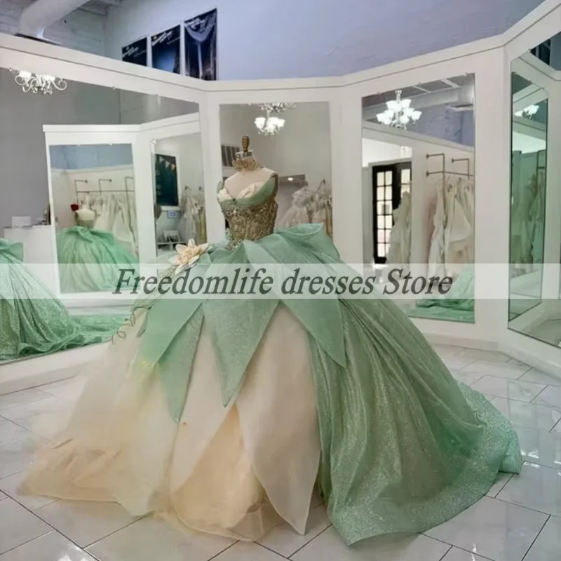 Youthful Quinceanera Dresses Green Sleeveless Hand Made Flowers Diamonds Ball Gown For Women Vestidos De 15 Años Customized