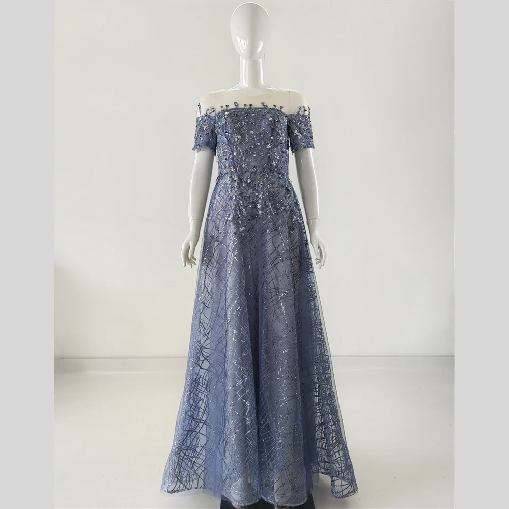 

It's Yiiya Evening Dresses Blue illusion O-neck Appliques Beading Short Sleeves Lace up Plus size Floor Length Formal Party Gown