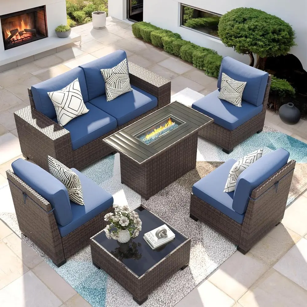 

7 Piece Patio urniture Set with ire Pit Table, Outdoor Contion Sets Wicker Rattan Sectional Soa with Coee Table or Patio Garden