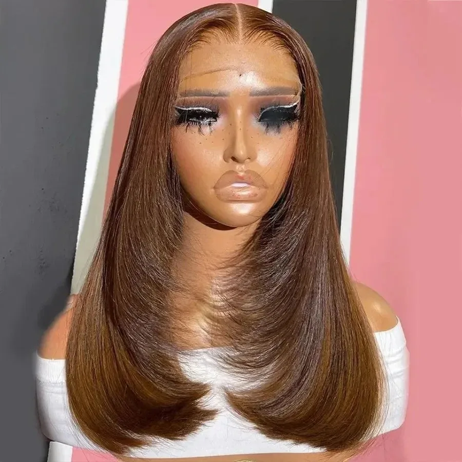 

Шоколадно-коричневые многослойные прямые парики с кружевной вставкой 13x4 HD, без клея, синтетические, для повседневной носки, для женщин, по акции