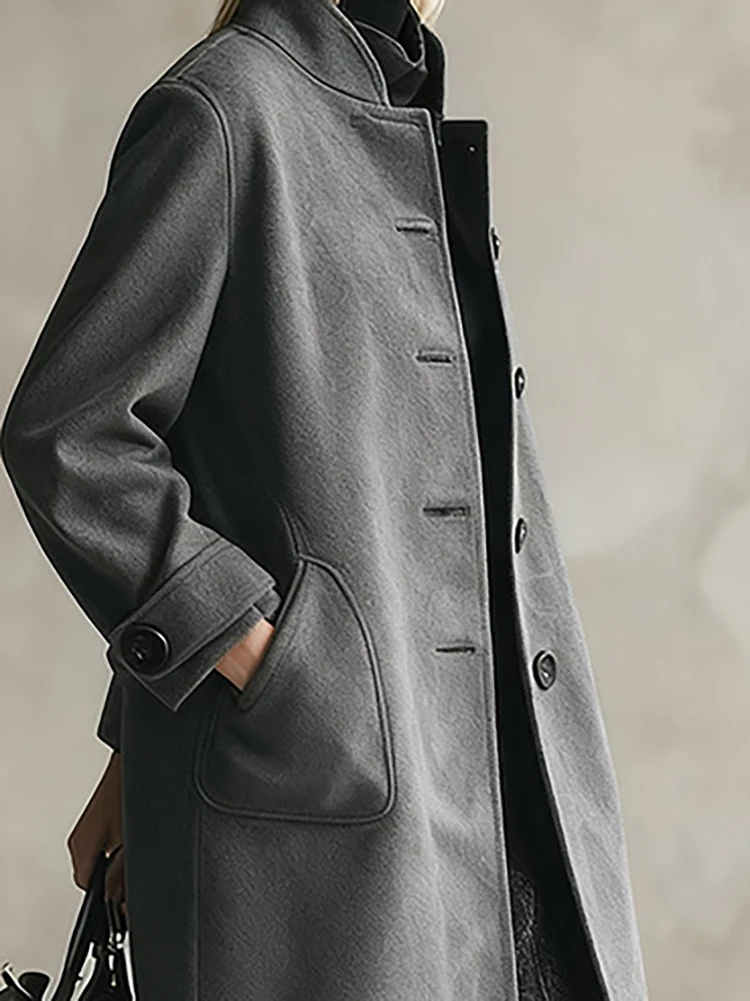 

Женская повседневная шерстяная куртка с длинными рукавами, зимняя элегантная однотонная прямая куртка на пуговицах, осеннее модное флисовое пальто с воротником-стойкой