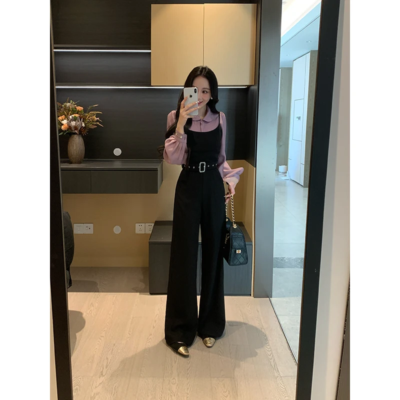 

Spring High Collar Silk irt And Pantsuit Women's Slimming Suit XIN Literary Faion Set Long Sve Polyester Blend
