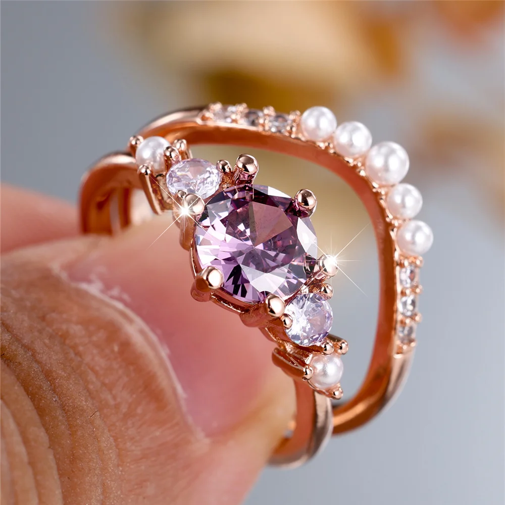 Charm Female Rose Gold Color Purple Round Zircon Stone Engagement Ring Set Vintage Bridal Wedding Bands Party Jewelry For Women