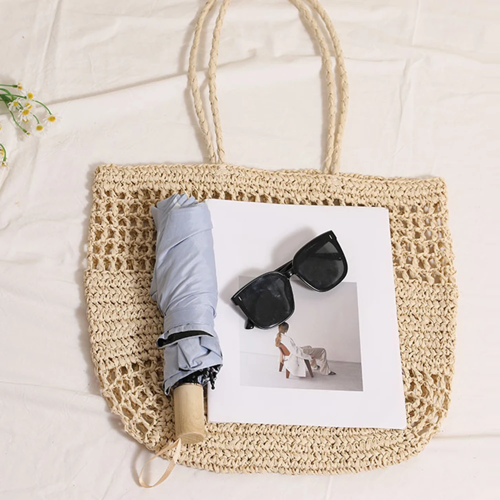 Summer Hollow Straw Bag Large Woven Tote Bags for Women Handbag Letter Embroidery Beach Bag Travel Shoulder Bags Shopper Purses