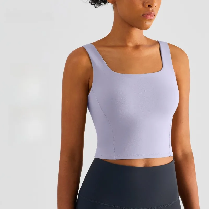 

American Fashion Seamless Fixed Cup Yoga Wear Women Sleeveless Short Sports Underwear Wide Shoulder Sling Yoga Tank Top