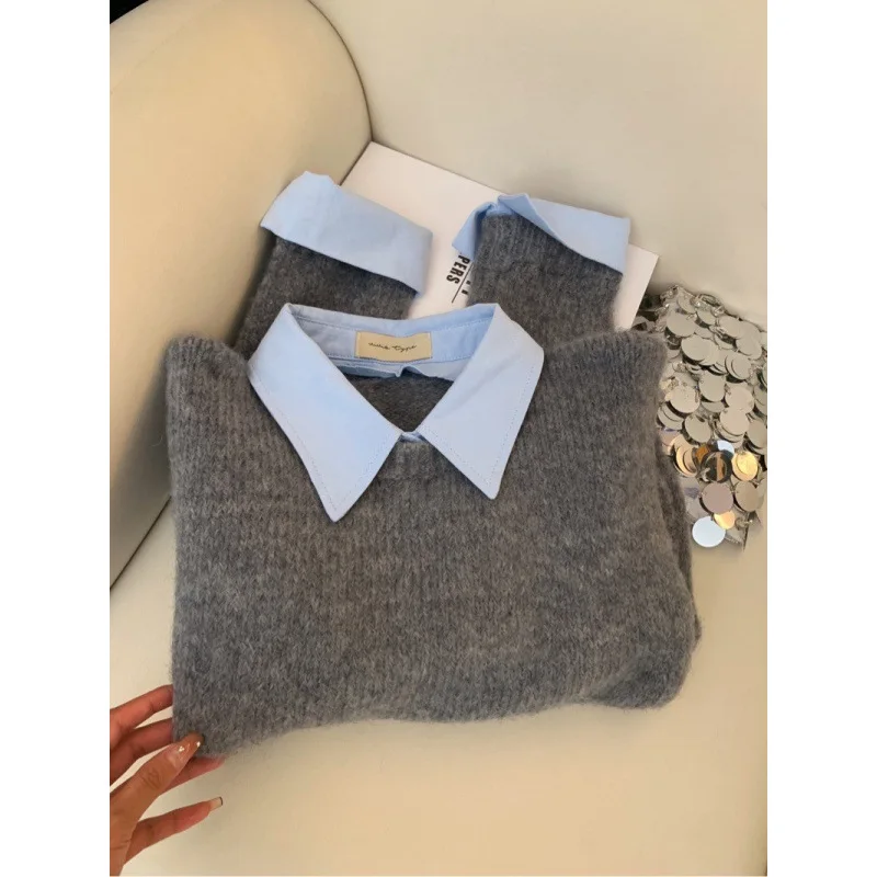 2024 Autumn and Winter New  Shirt Collar Sweater Women's Autumn Wear New Inside Contrasting Color Lapel Gray Knitted Sweater Top