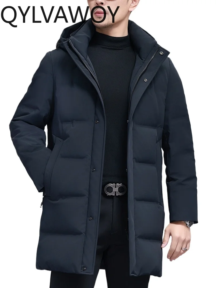 QYLVAWOY 84% Polyamide Winter New Men's Down Jacket Mid-Length Outerwear Business Casual Hooded Thickened Warm Top LJ2228