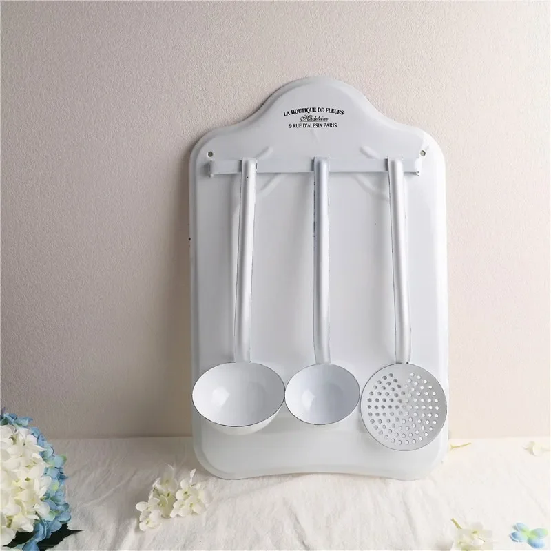Vintage French Style Kitchen Utensil Set with Wal/l Mount, White Enamel, 3 Pieces, 12x18 inches