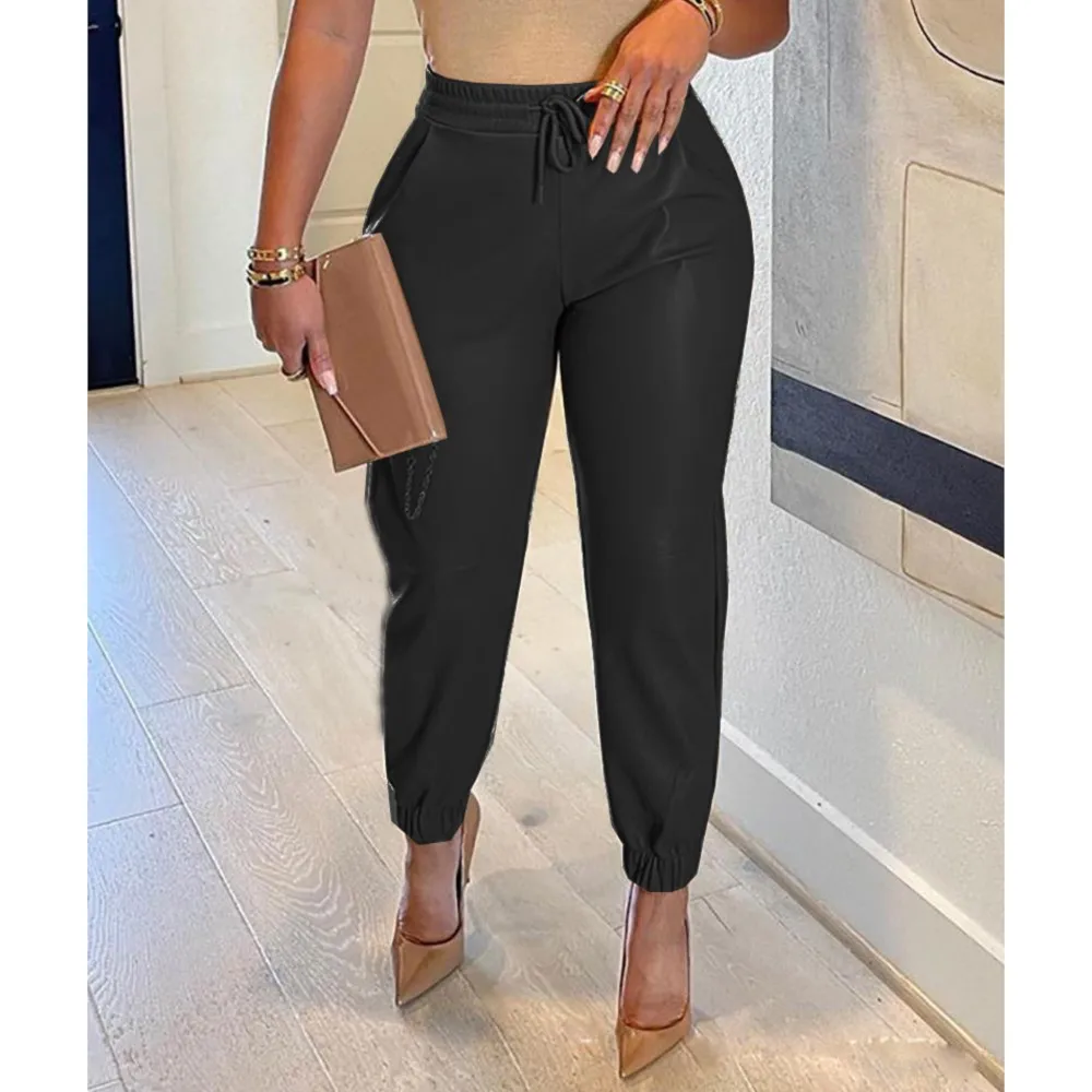 ربيع جديد بولي سروال ضيق من الجلد بنطال جلدي المرأة موضة مرونة الخصر الأشرطة سليم مقاوم للماء الإناث بولي Leather السراويل الجلدية الطويلة