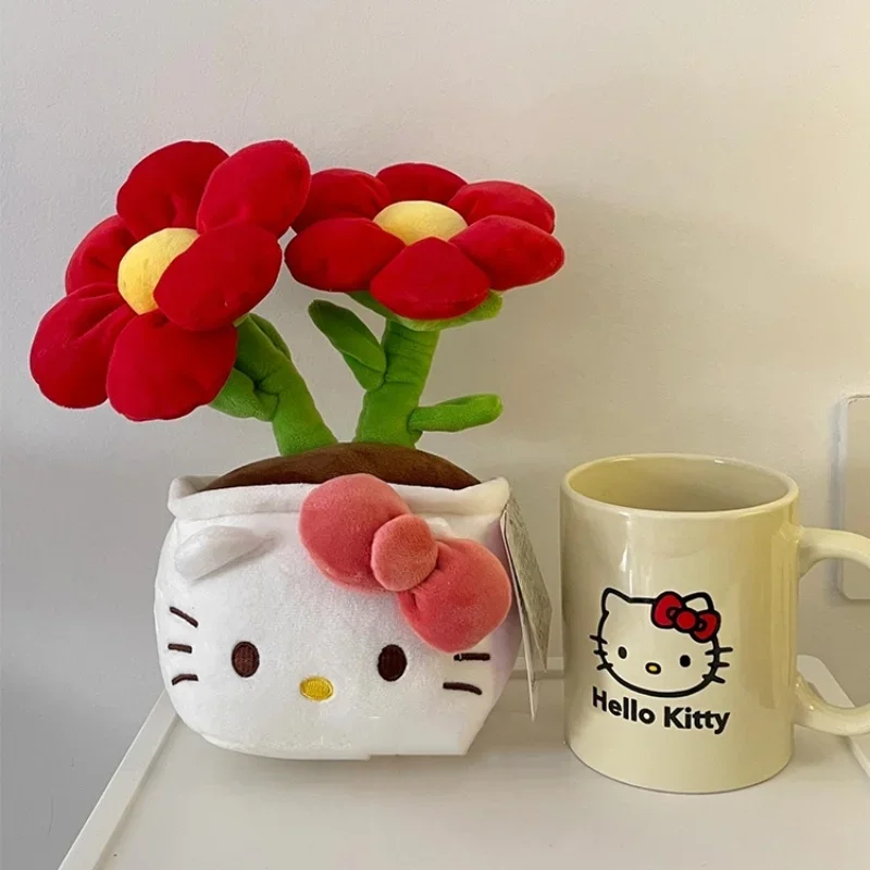 Original With Tag Hello Kitty Flower Plush Toy Cartoon Potted Plant Doll Kitty Cat Plushies Desktop Home Decor Gifts Girl Yellow