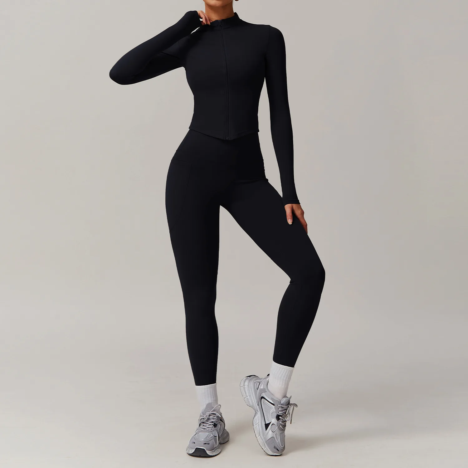 2 Pieces Yoga Set Fitness Jacket Workout Set Sportswear Women Gym Clothes Long Sleeve Crop Top High Waist Leggings Sports Suit image 2