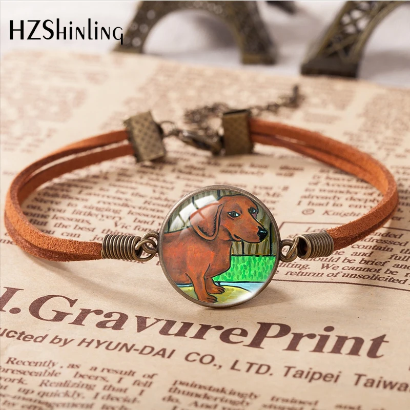 Dachshund Dogs Animal Pet Pattern Leather Bracelets Art Accessories Glass Cabochon Fashion Jewelry Gift