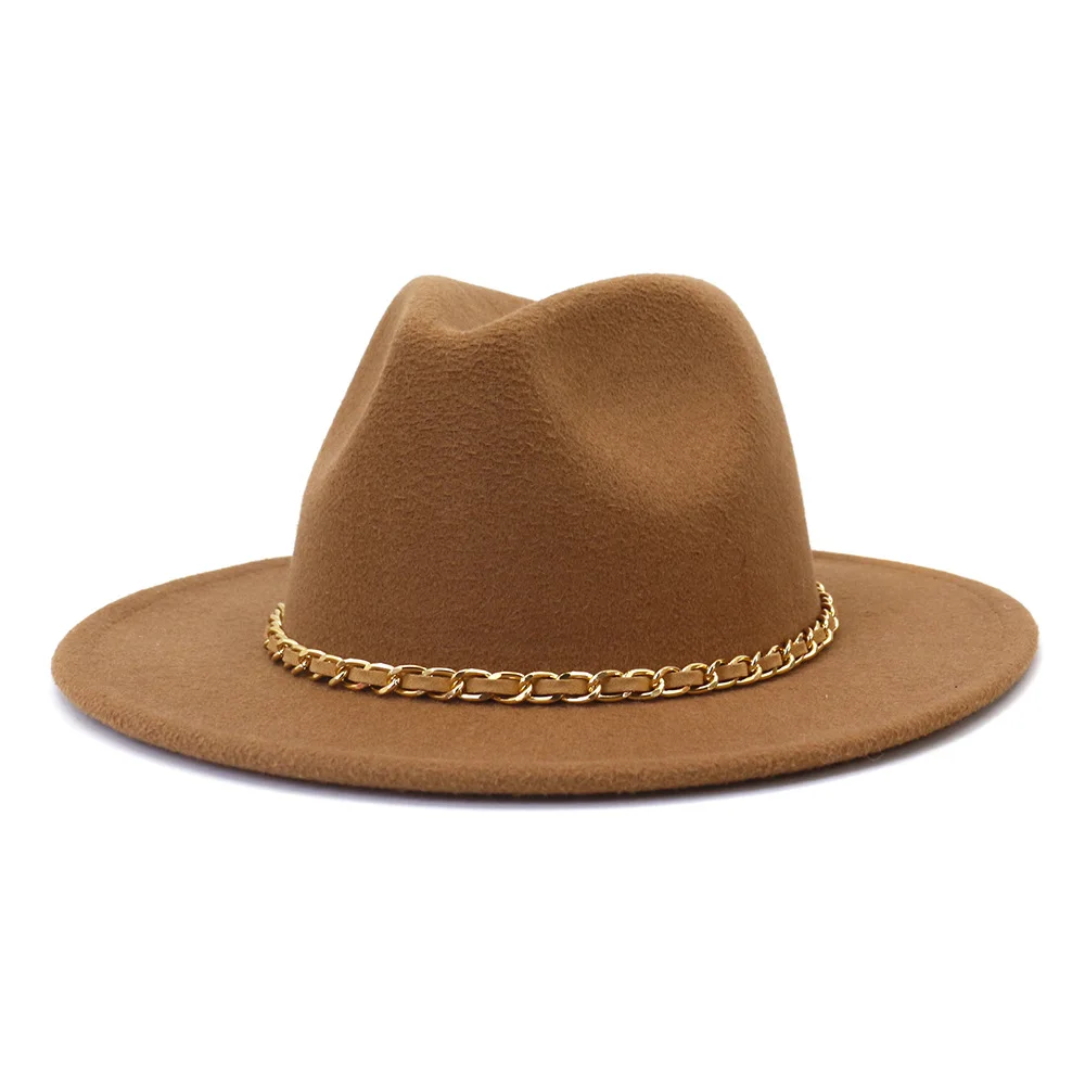 Solid color fedora hat metal chain women\'s wide brim jazz hat autumn and winter British vintage Panama hat wholesale