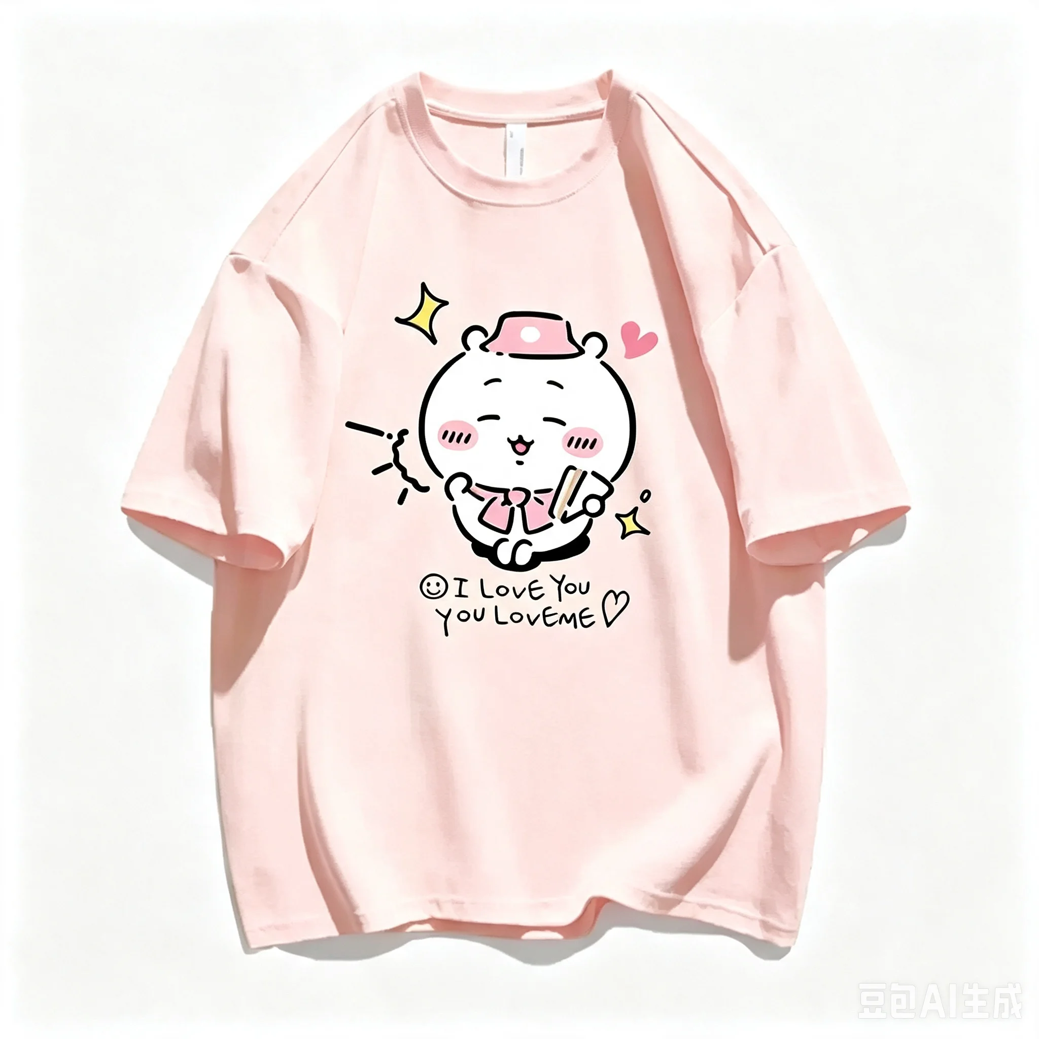 Couple Style Chiikawa Hachiware Camera Oversize Heavyweight T-shirt Unisex Cotton Summer Loose Casual Short Sleeve Top