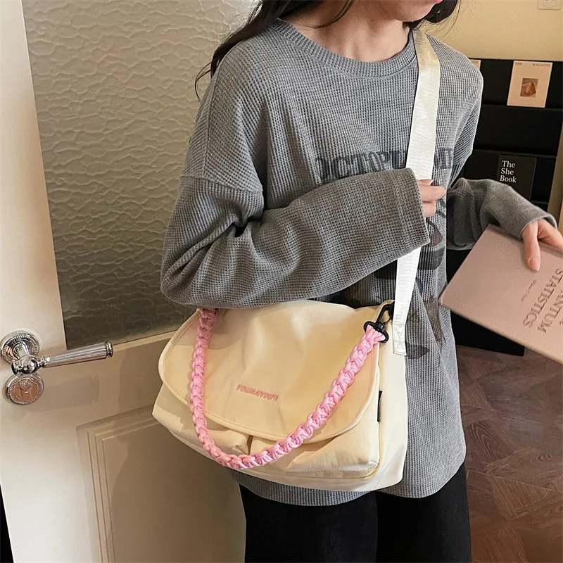 Women Fashion Nylon Crossbody Bag With Pink Braided Handle Large Capacity Hobo Purse Casual Daily Shoulder Handbag Satchel
