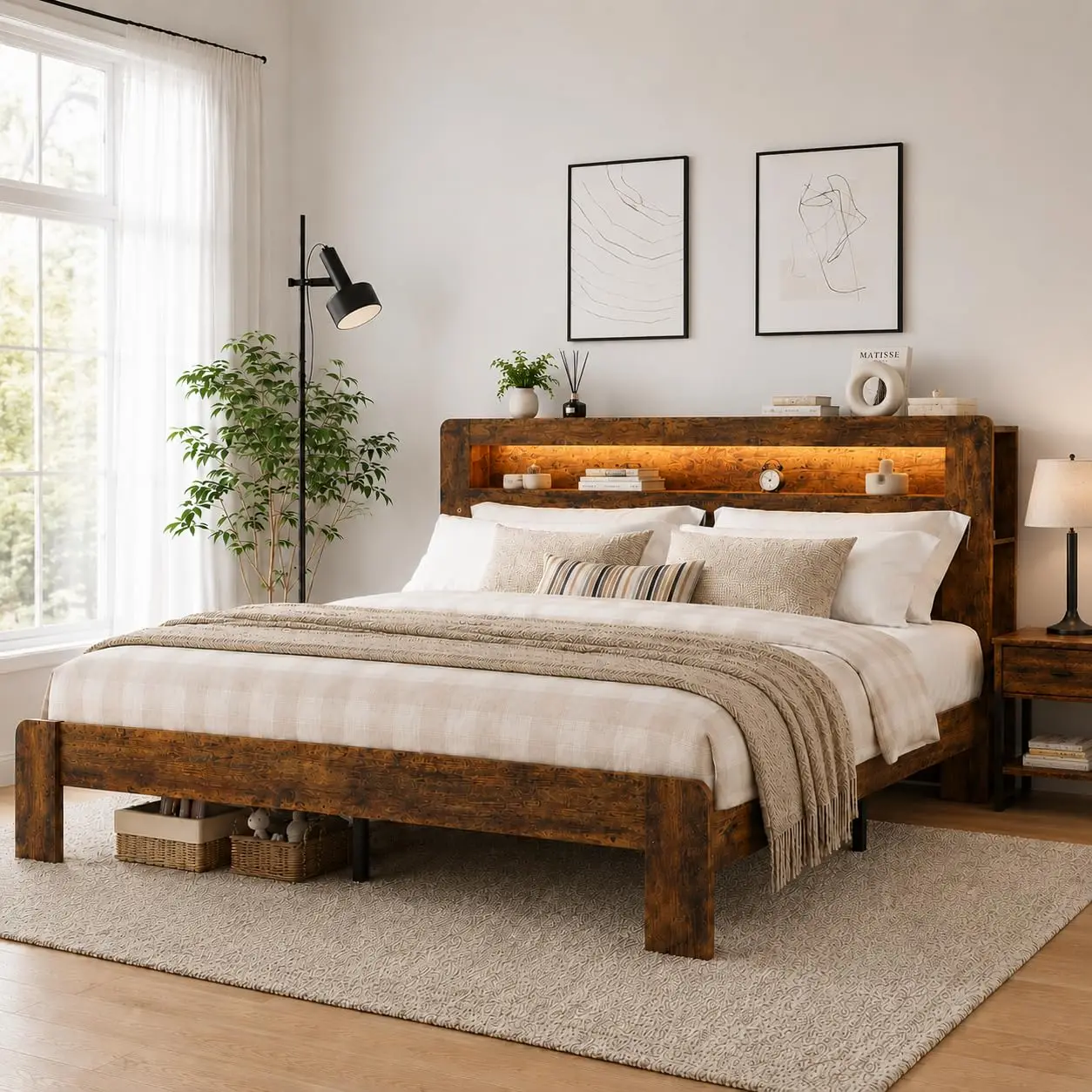 Wooden Bed Frame Queen Size with Storage Headboard, Farmhouse Platform Bedframe with Bookcase Shelf & Led Lights,, Customized