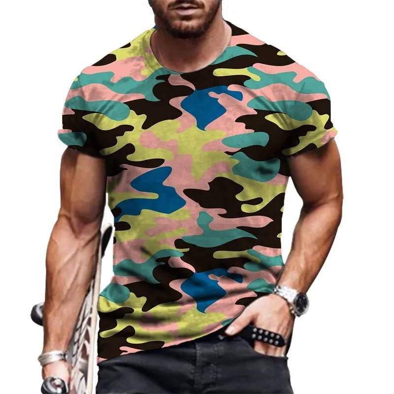 Summer Men Street Personality Camouflage Clothing O Collar Short Sleeve 3d Printing Fashion Casual Loose Retro Plus-Size Top