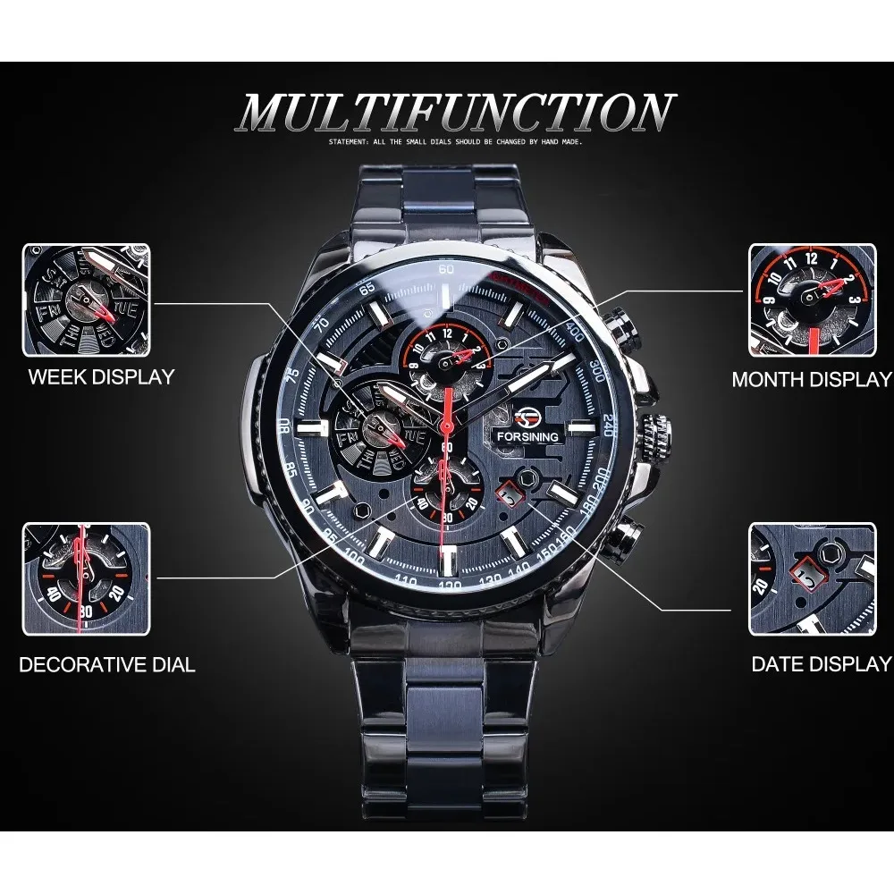 Forsining Top-Montres Militaires en Acier Inoxydable pour Homme, Étanches, Affichage de la Date et de la Semaine, Marque, existent, Mécanique