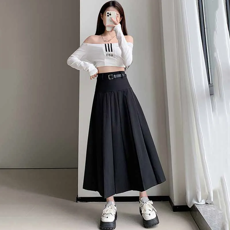 Moda feminina saias plissadas de cintura alta cor sólida versátil grande balanço maxi saia estilo preppy a linha saias de comprimento médio