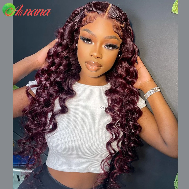 13x4 Lace Frontal Human Hair Wigs Burgundy Cherry Red Colored Brazilian Loose Water Wave Curly 5x5 Lace Closure Wig For Women