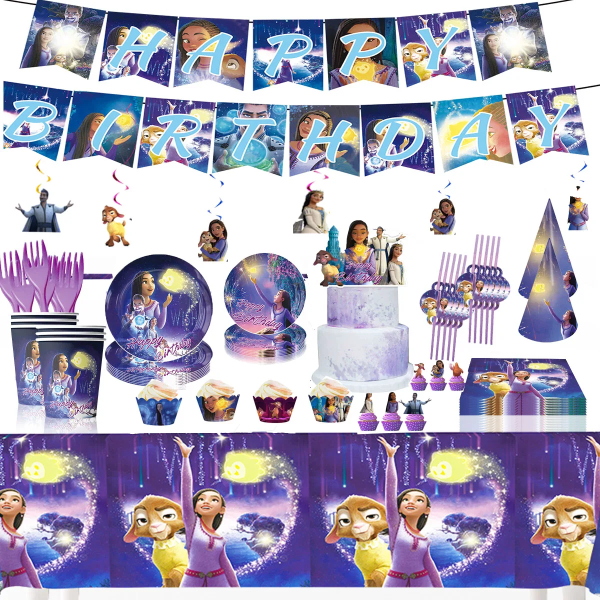 

Disney Wish Theme Party Decorations Disposable Tableware Girl Birthday Party Supplies Princess Cup Plate Tablecloth Set