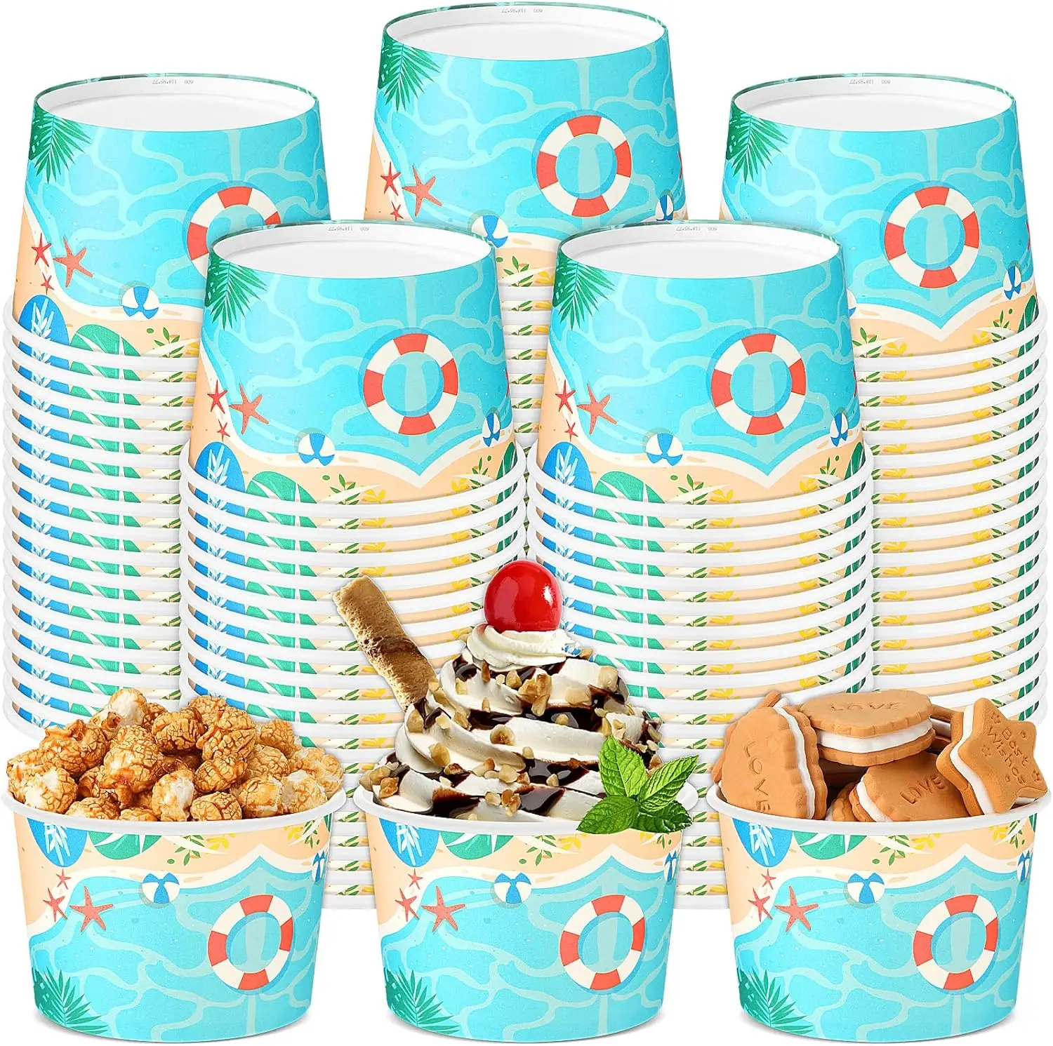 

50 Pcs 16oz Summer Beach Disposable Soup Bowls Ice Cream Cups Snack Paper Bowls Dessert Sundae Yogurt Cups Hot Cold Drin