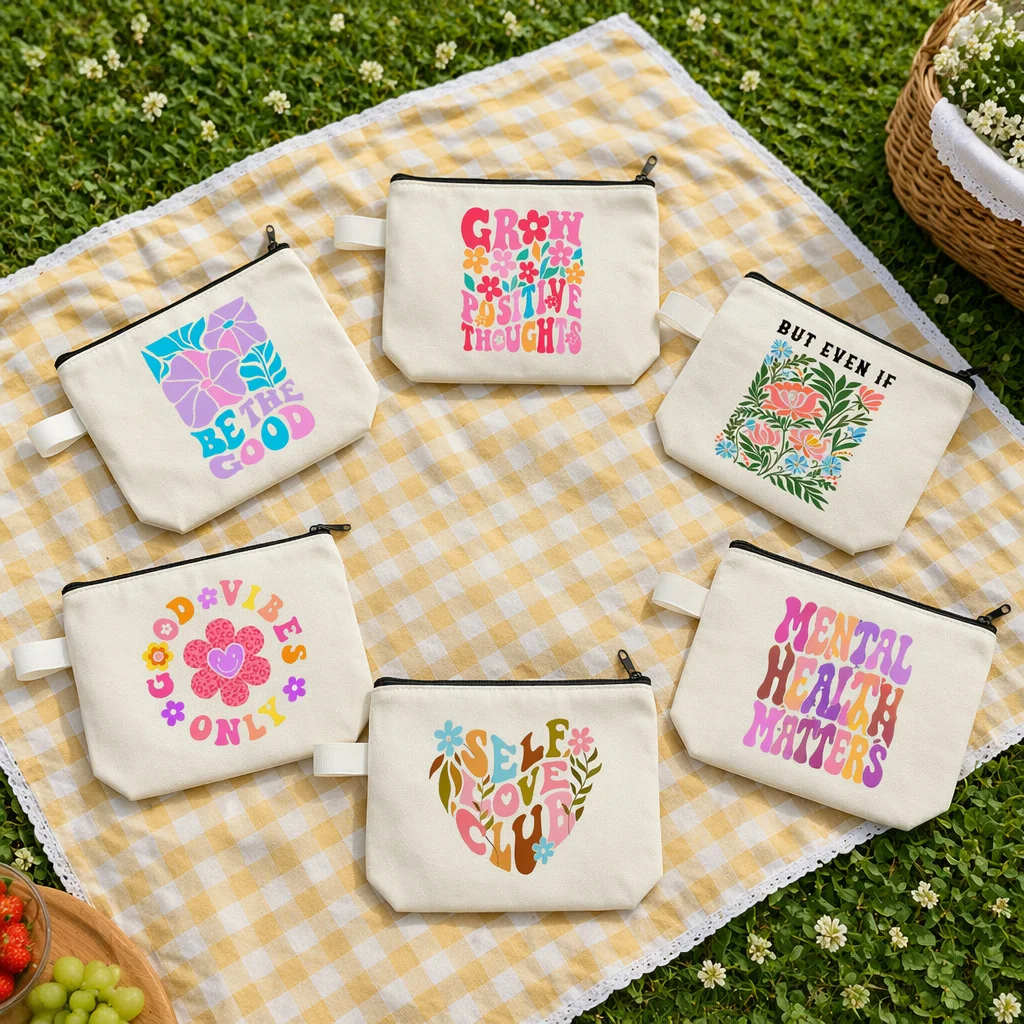 Boho Wildflower Printed Canvas Stationery Storage Bag Cosmetic Bag Lightweight Eco-friendly Reusable Women's Youth Casual Daily