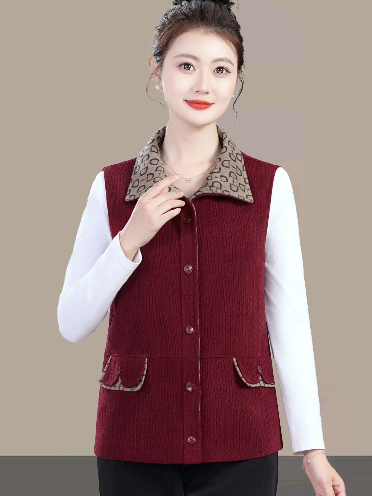 

Свободный крой, женский жилет среднего возраста и ли, верхняя одежда, весенне-осенний повседневный дышащий жилет из полиэфирного волокна, пуговицы