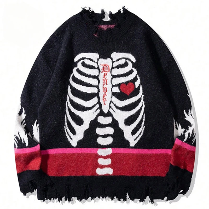 

Skeleton Graphic Y2K Sweaters Men Oversized Ripped Sweaters Knitted Jumpers Streetwear Harajuku Hip Hop Sweaters Knitwear