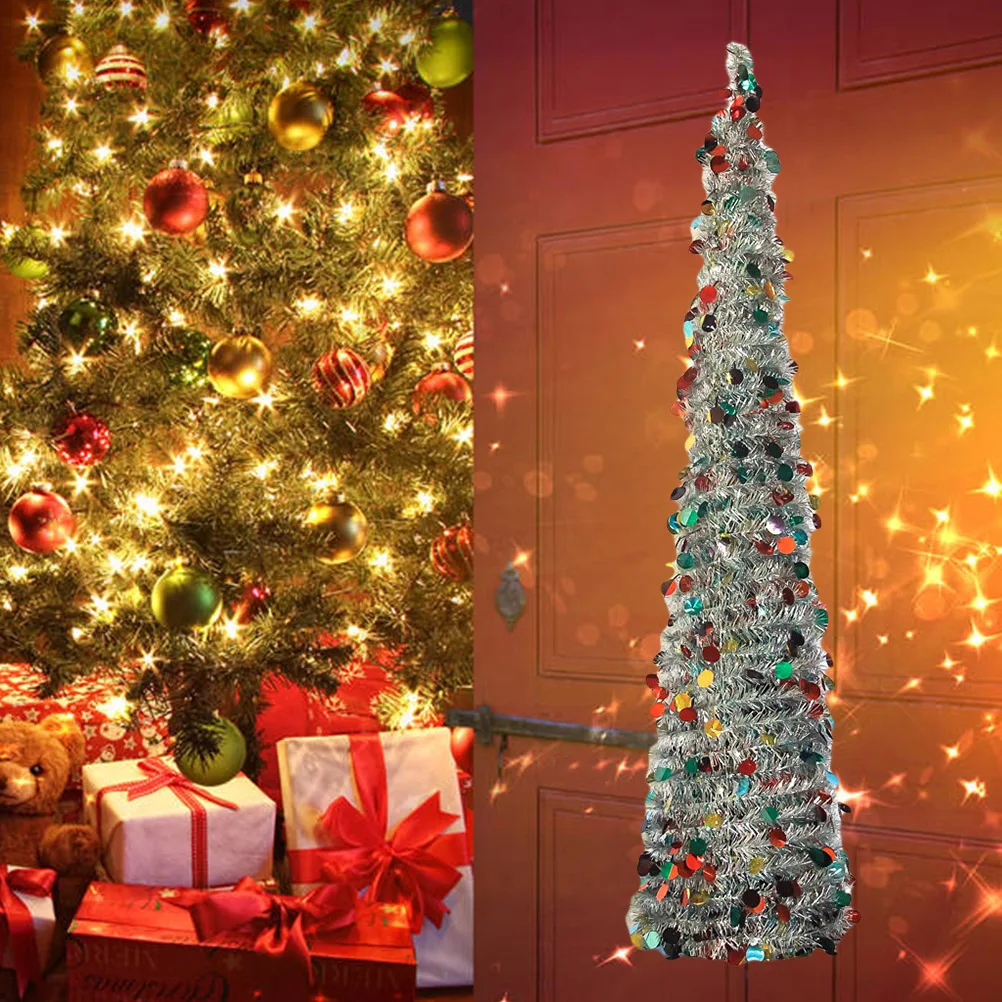 

1 pc 150Cm Pet Plastic Foldable Telescopic Christmas Tree Home Party Decor Eco-Friendly Silver Colorful Living Room Bedroom