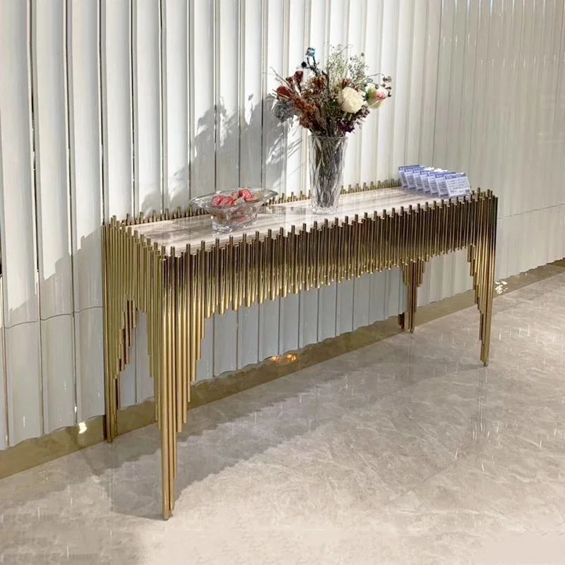 

-Gold Stainless Steel Tubes Frame Natural Marble Tabletop Console Table Modern Hallway Porch Side Console Table