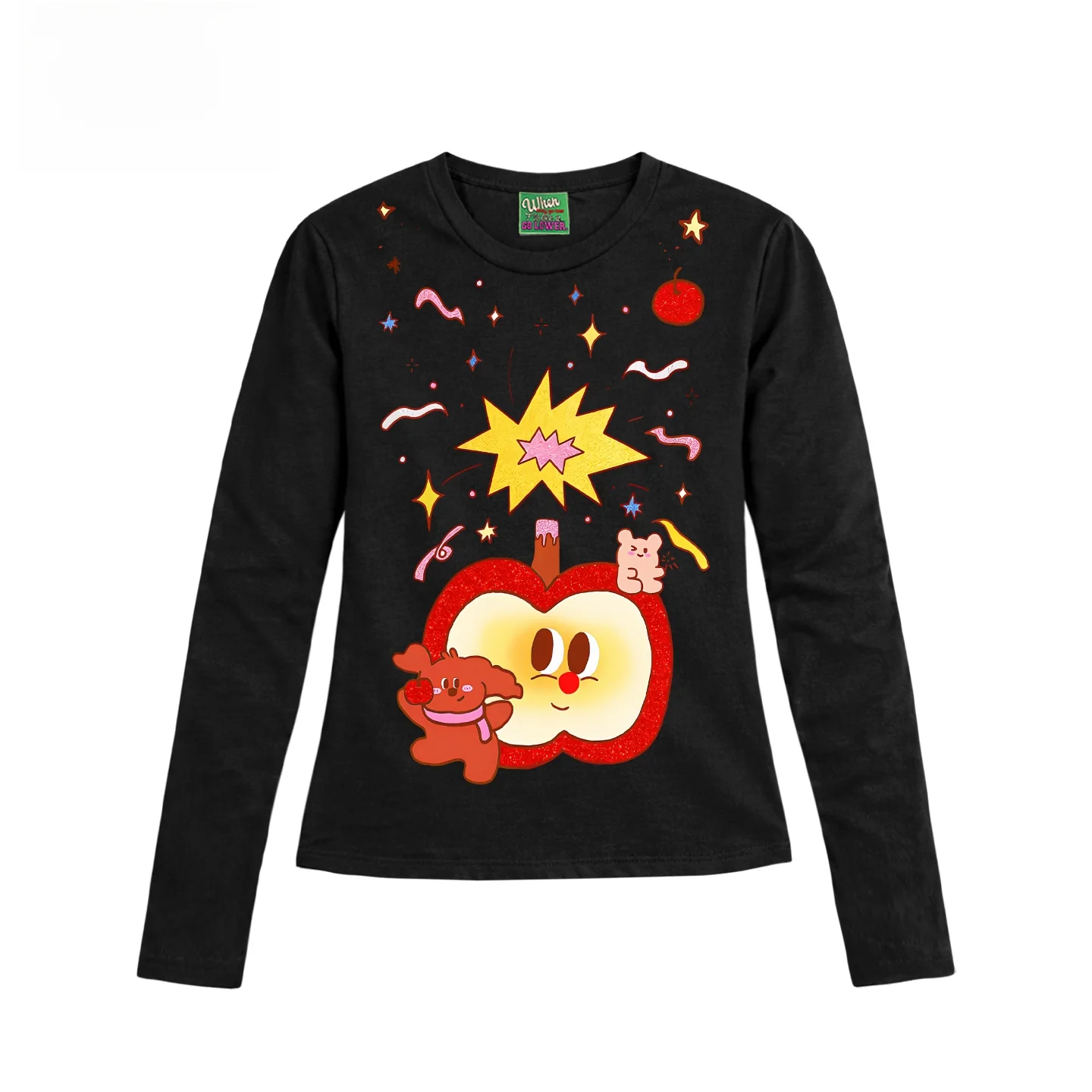 

Fun Fruit And Vegetable Splicing T-Shirt Y2K Style Urban Outing Casual Entertainment Cotton Long Sleeve round Neck Short Length