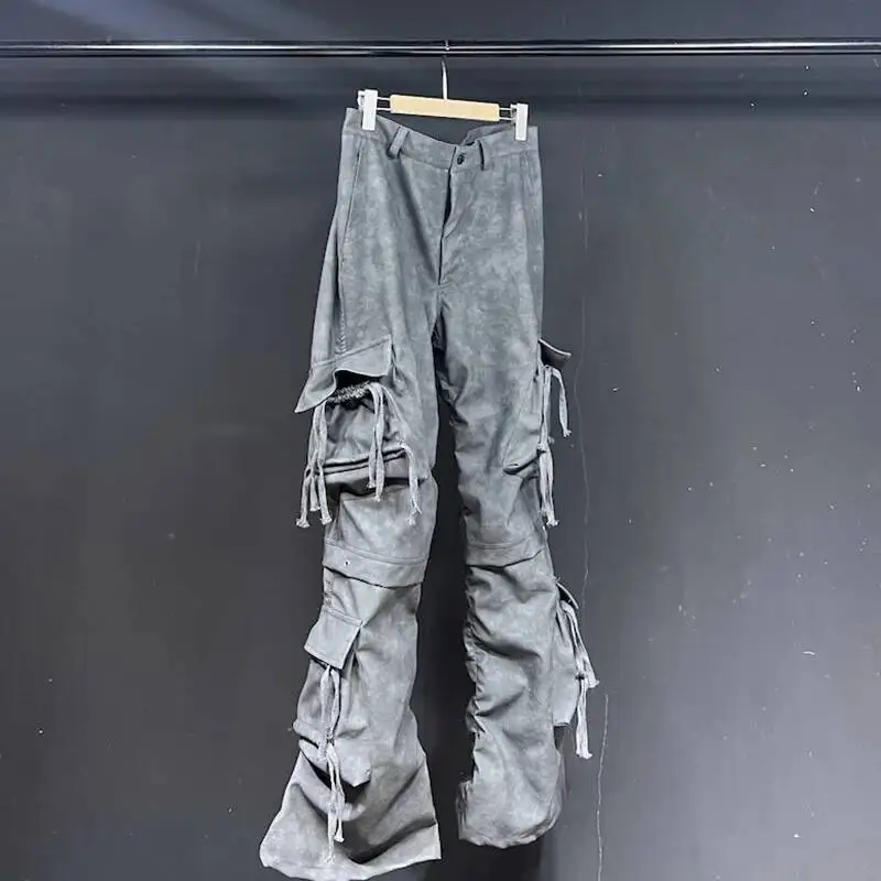 Suede Texture PU Male Trousers Multi-pocket Decoration Washed Flared Wide Leg Slimming Loose Cargo Pants Trend SDE45