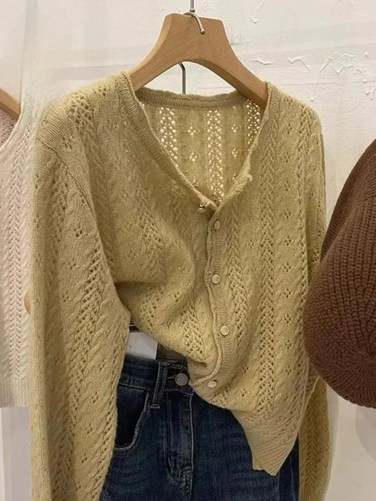 Comfortable Knitted Open Cardigan Long Sve Loose Fit  Color Slimming Design Trendy Pure Color Outerwear Lazy Sle