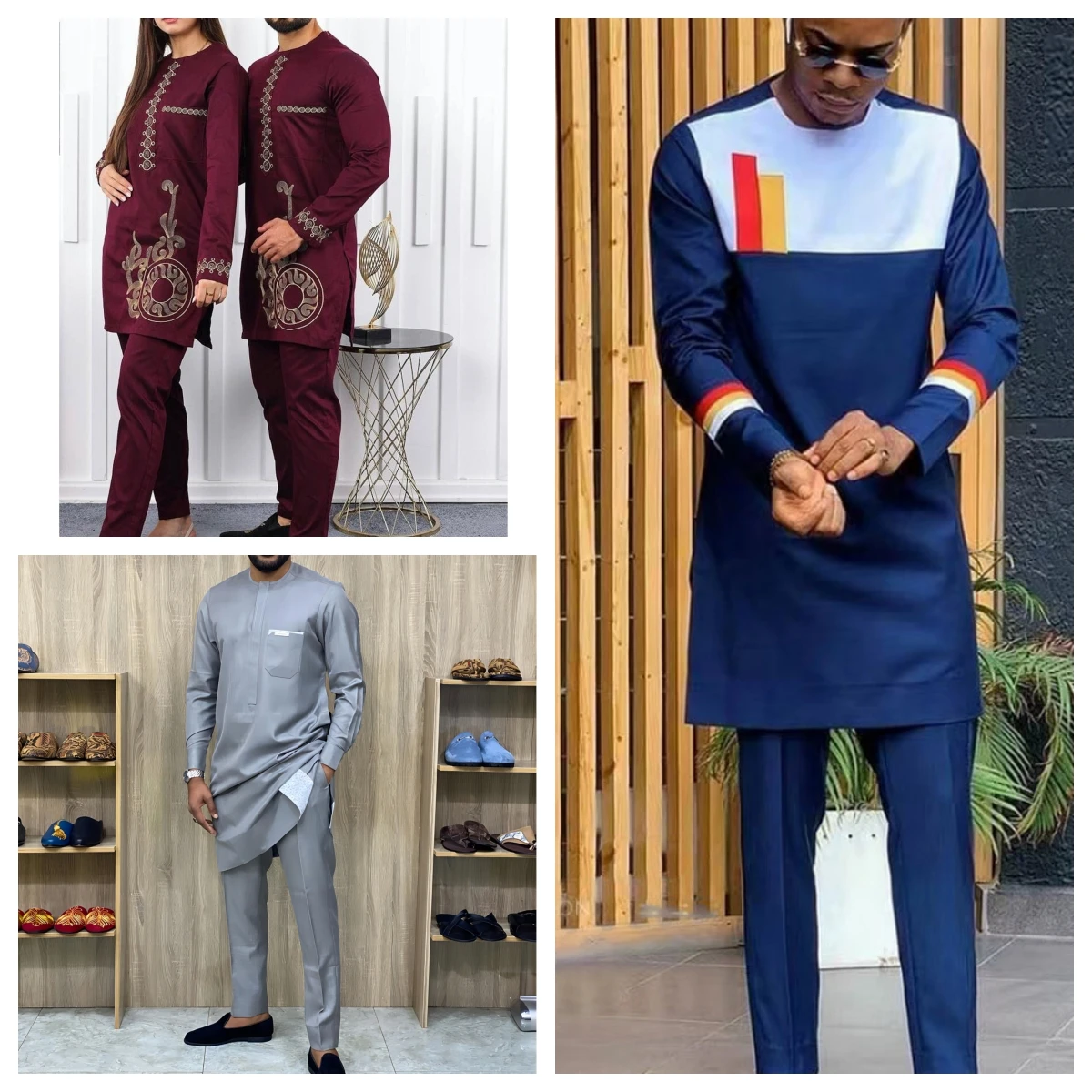 

African Men's Clothing Men's Suit Two-Piece Pants Set Round Neck Stitching Solid Color Long Sleeves Festival Social Ethnic Style