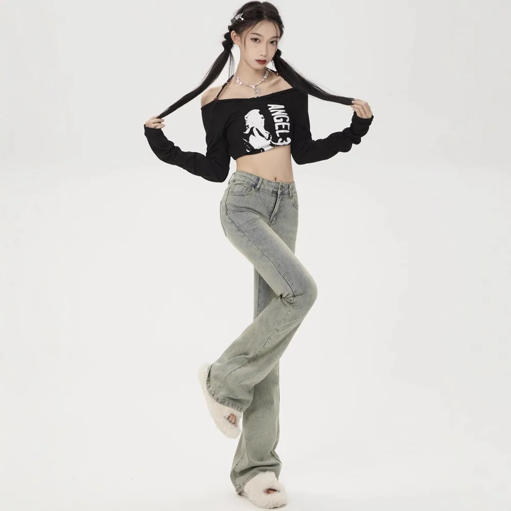 American Retro Mud Dye Micro Flared Denim Jeans Women's 2025 New Fashion Versatile Comfortable Slimming Bell Bottoms