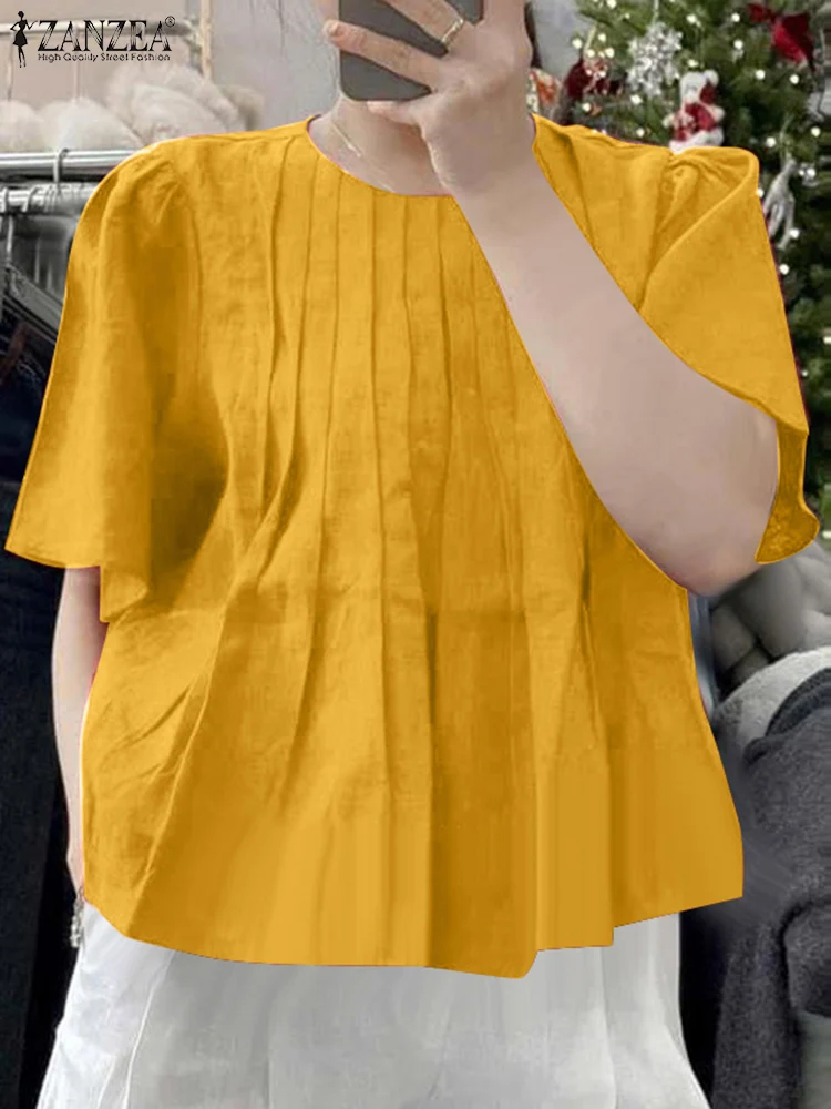 ZANZEA blusa plisada Color sólido Tops de manga corta 2025 mujeres Casual verano playa túnica cuello redondo suelto Blusas de gran tamaño jerseys