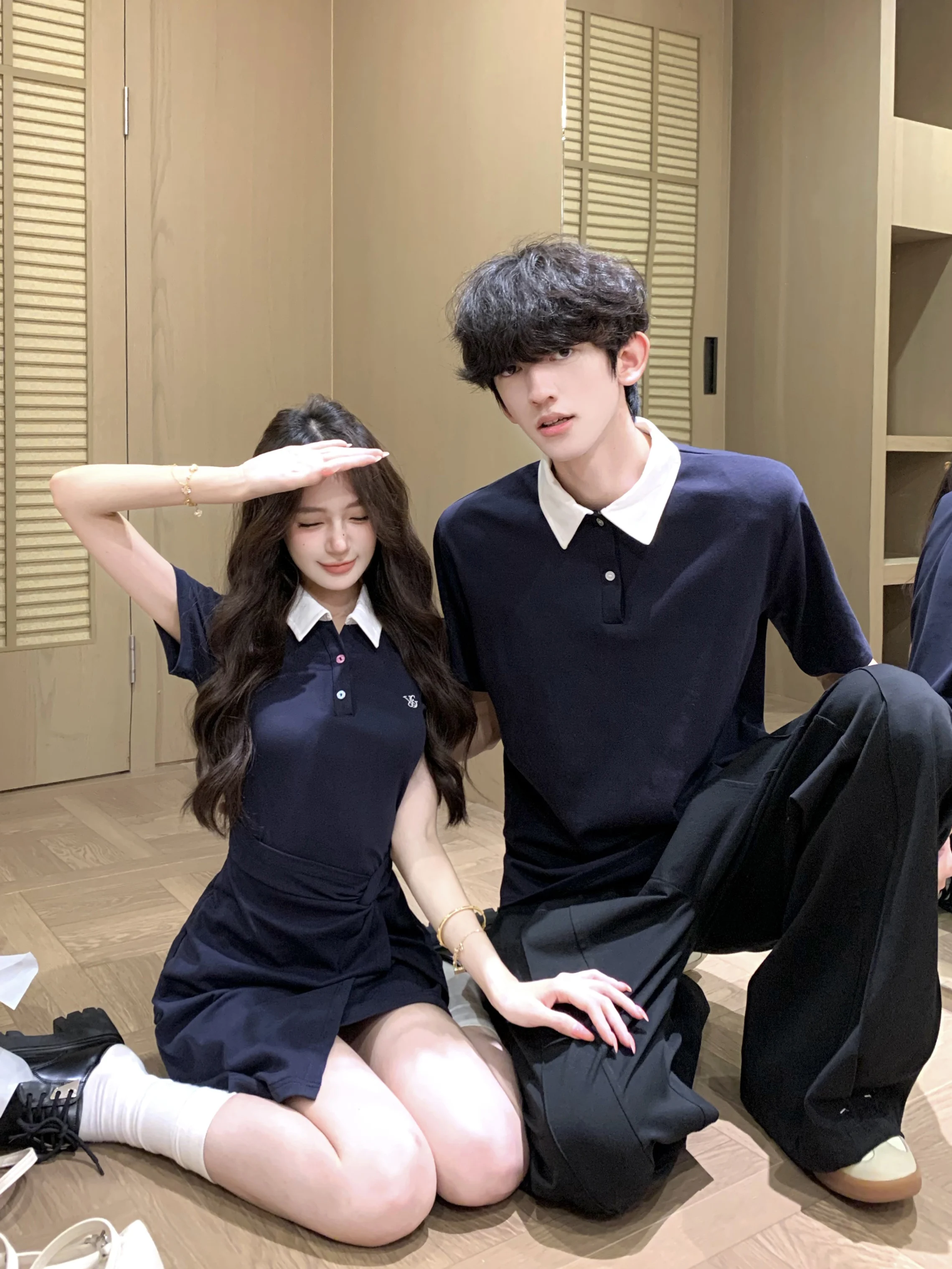 Korean College Style  Neck Short Sleeve T-Shirt Couple Matching Summer Slimming Casual Dress Waist-Cinching Slim Fit