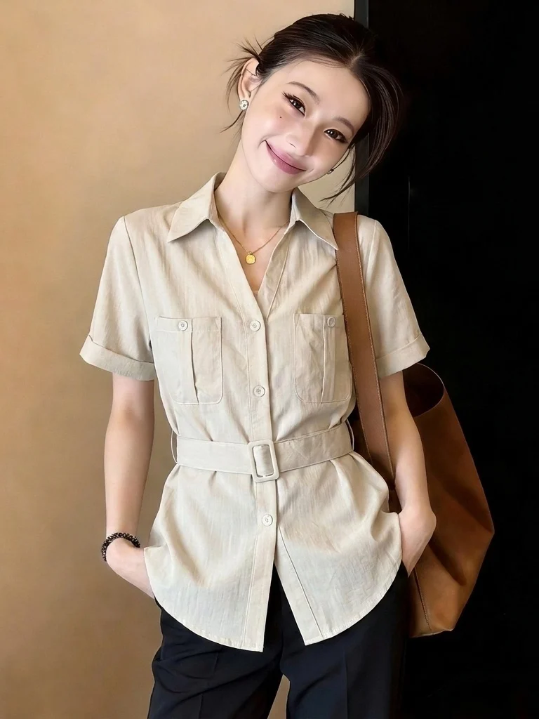 

Elegant V-Neck Short Sleeve Shirt Women's plus Size Fitted Waist Korean Style Commute Wind Regular Fit Color Shirt