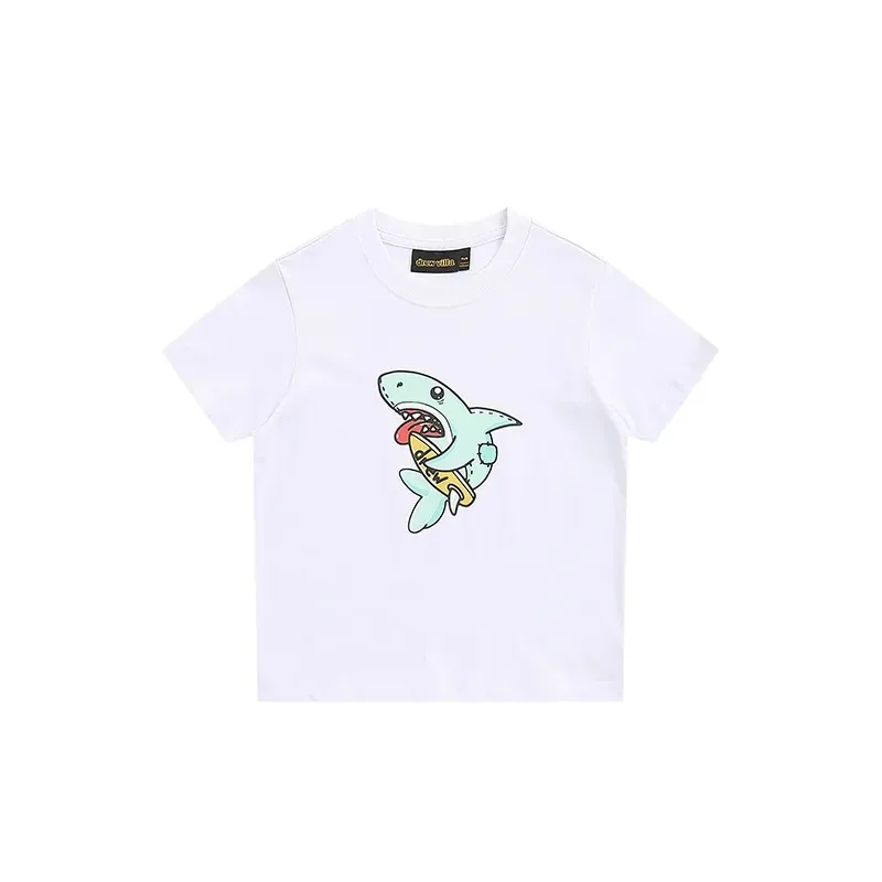 Smiley Shark Tide Brand Small and Medium Children's Versatile Cotton Short Sleeve Men's Women's Spring and Summer Casual T-Shirt