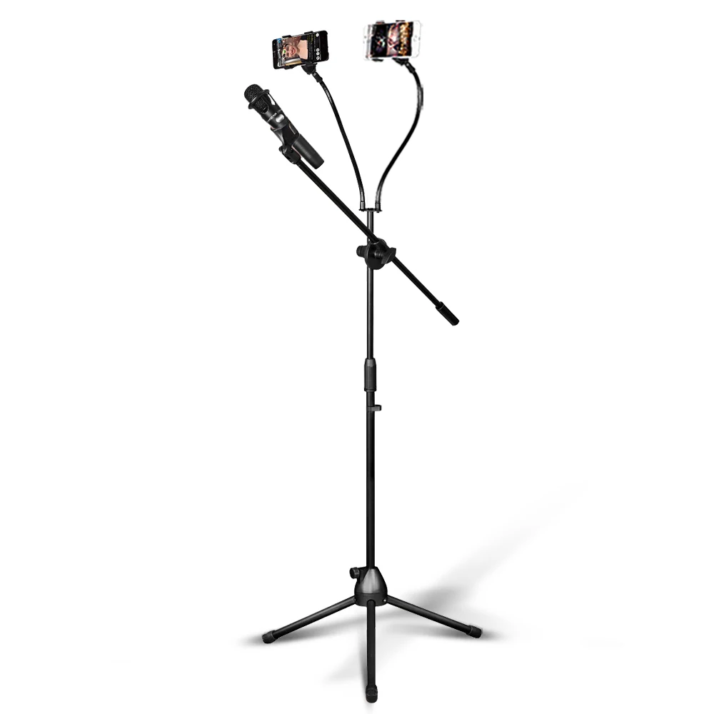 Foldable Height Adjustable Tripod Microphone Stand With Phone Holder For Live Streaming Singing Studio Performance