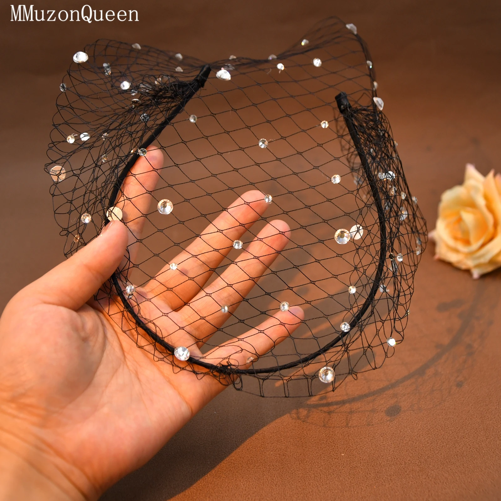 TOPQUEEN Bridal Veil Hair Accessory Bridal Fishnet Headband Party/Wedding Rhinestone Headpiece Single-Layer Headpiece VA12-B
