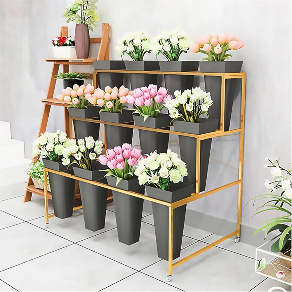 3-Tier Metal Flower Stand with 12 Buckets, Portable Plant Cart with Wheels for Indoor Use