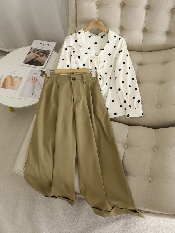 

French V-neck lace-up polkadot shirt women's spring autumn high waist rolled edge casual wide-leg pants two-piece set