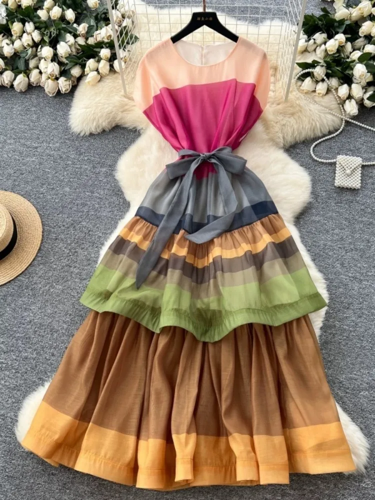 Yeezzi moda feminina colorido em camadas amarrado cintura vestido plissado 2025 nova manga curta solta o-pescoço festa noite midi vestidos