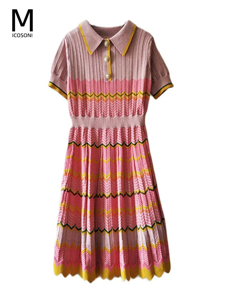 

Italian Style 2023 Summer Fashion New Micosoni Ladies Wear Wavy Stripes Show Thin Short Sleeve A-line Elegant Chic Knitted Dress
